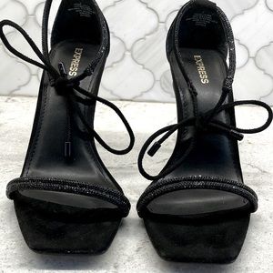 Sparkly black strappy 4” heels by Express
